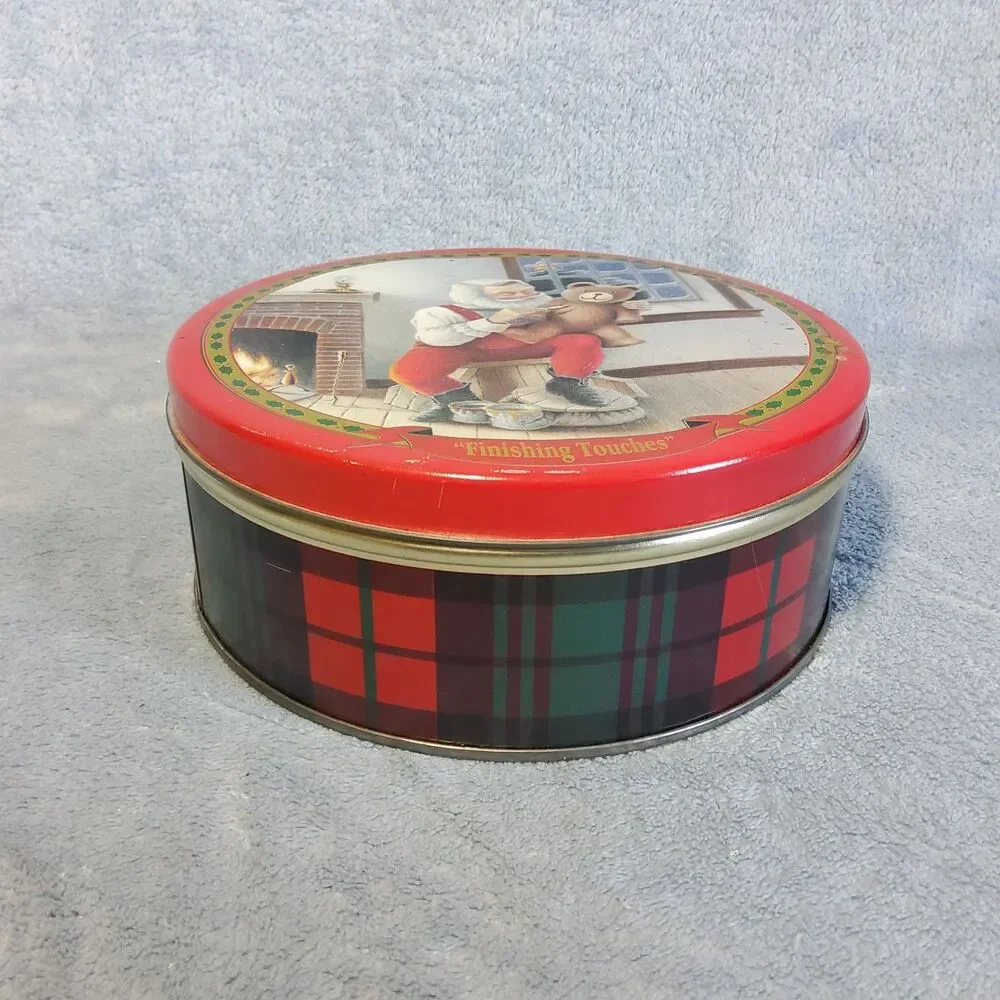 Vintage Christmas Holiday Tin Santa Painting Teddy Bear Finishing Touches Plaid